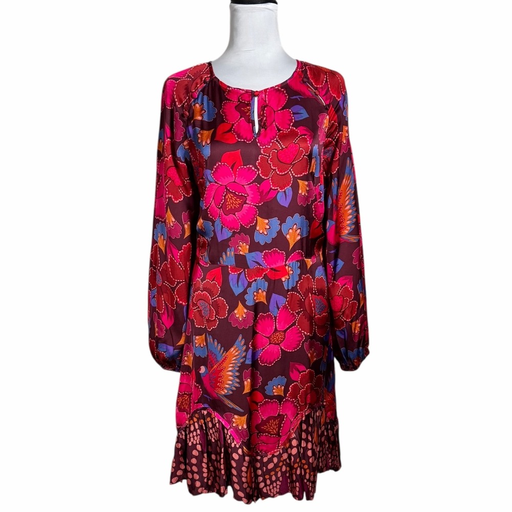 NWT Philosophy Long Sleeve Pink Floral Dress Size 8 Ruffle Trim Satin Boho Farm